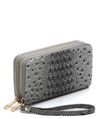 Ostrich Croc Double Zip Around Wallet Wristlet OS0012 GRAY